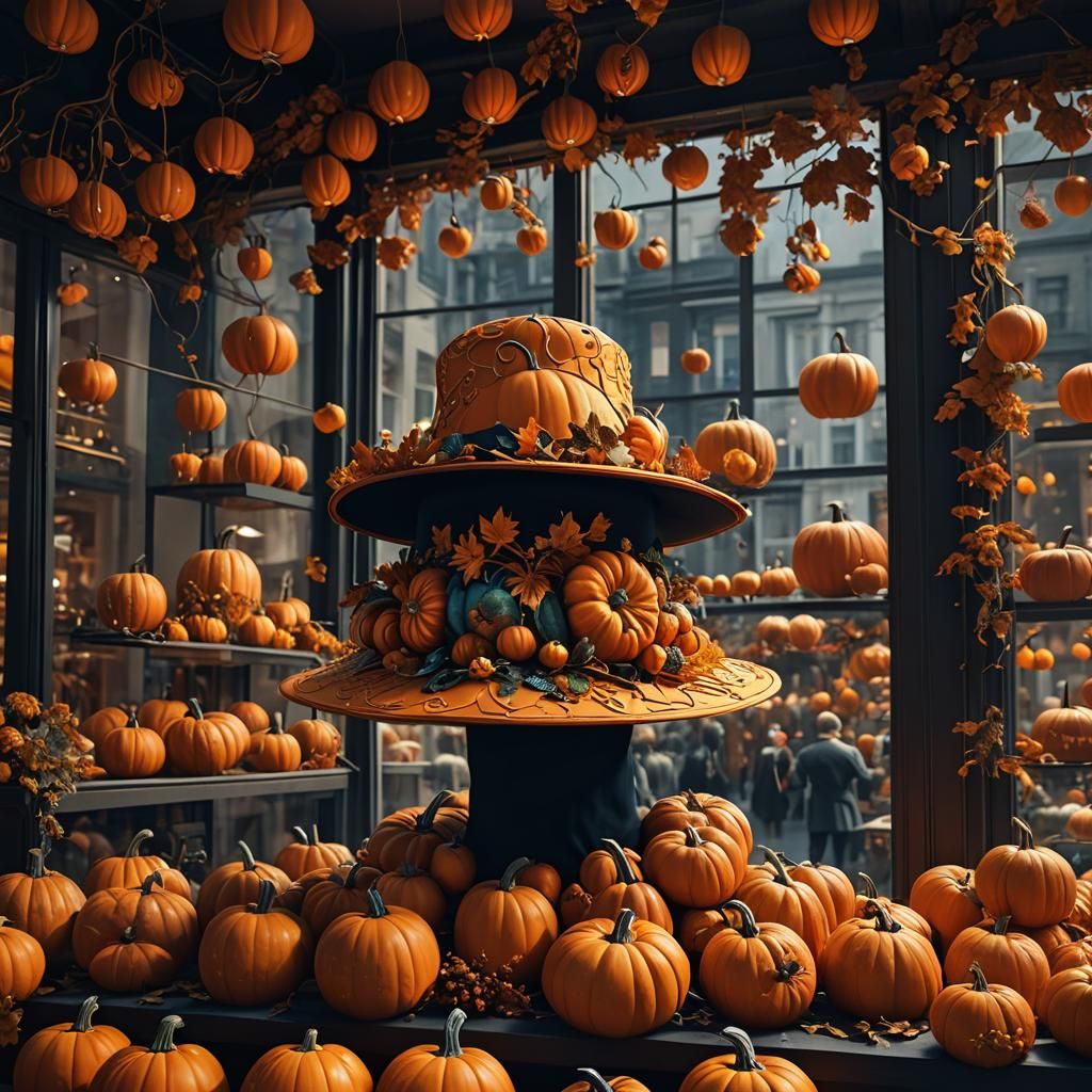 Pumpkin Hat in Fashion Shop Window: Fantasy Art