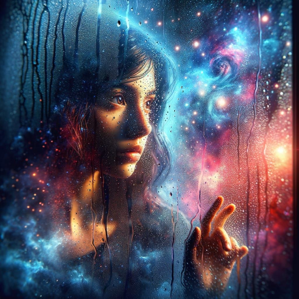 Girl's Reflection on Rain-Drenched Window Under Starry Sky