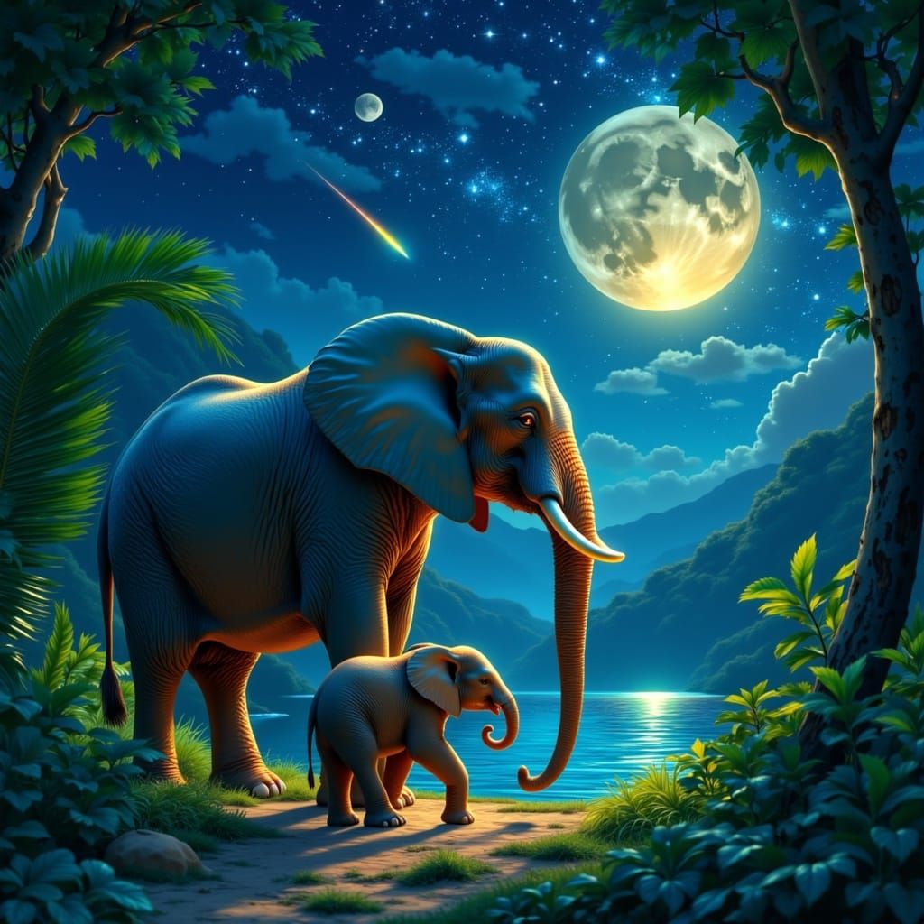 Elephant Family Walks Through Starry Jungle Night