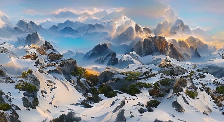 Snowy Mountain Peaks in Golden Light