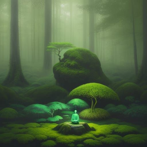 Meditating Figure in Ethereal Forest