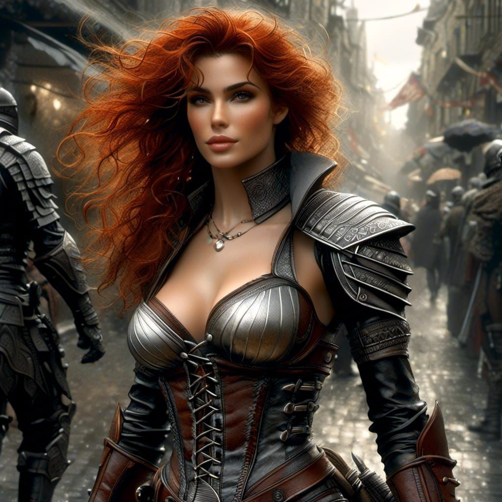 Redhead Woman in City Street Illustration