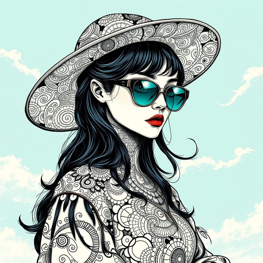 Surrealist Ink Portrait of Enigmatic Woman in Dark Fantasy A...