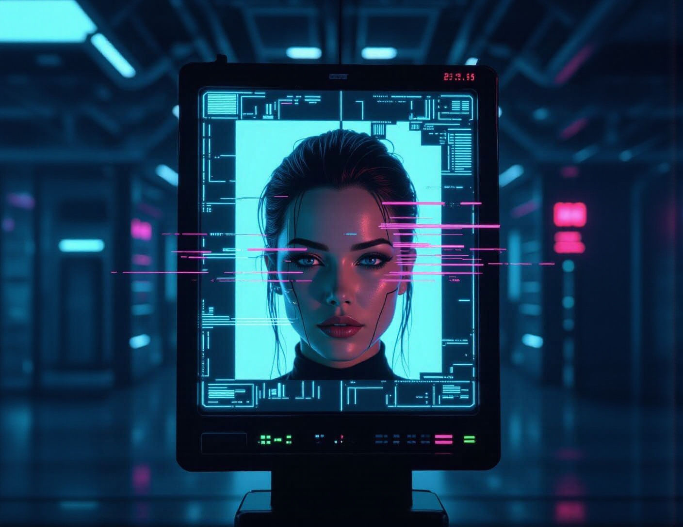 Glitching Face on Viewscreen with Cyberpunk Computer Banks