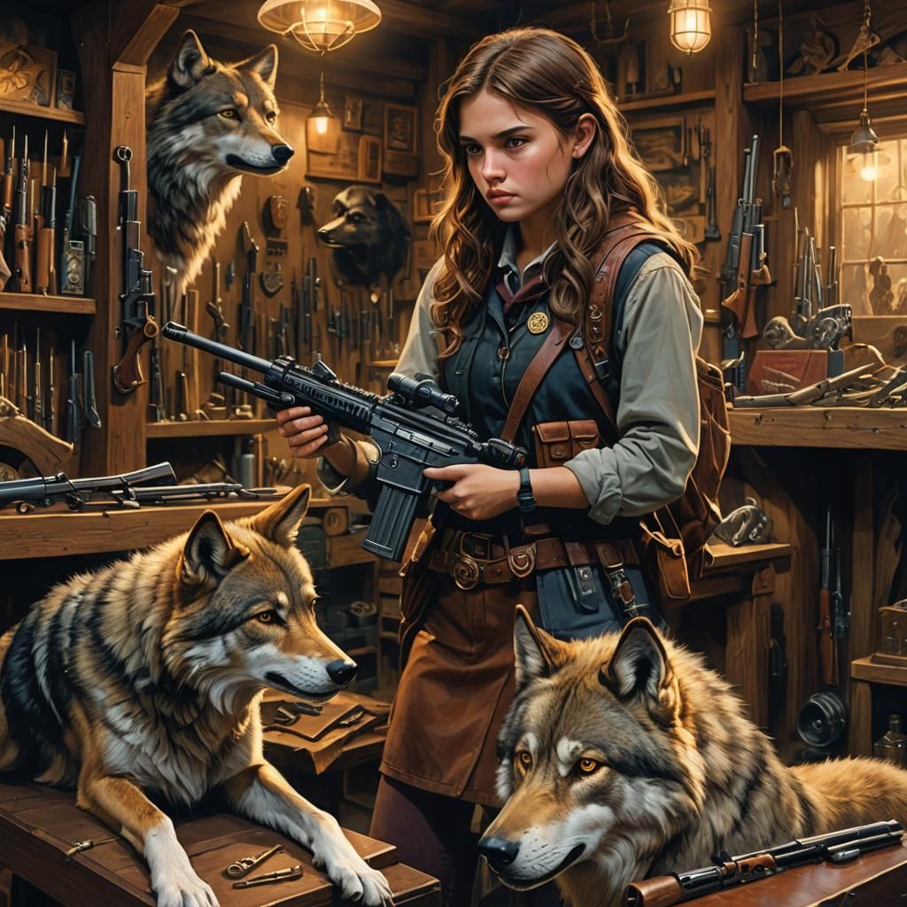 Girl with Rifle in Mystical Gun Shop