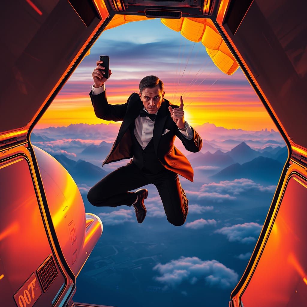 Sleek Agent 007 Leaps from Futuristic Airliner in Orange-Hue...