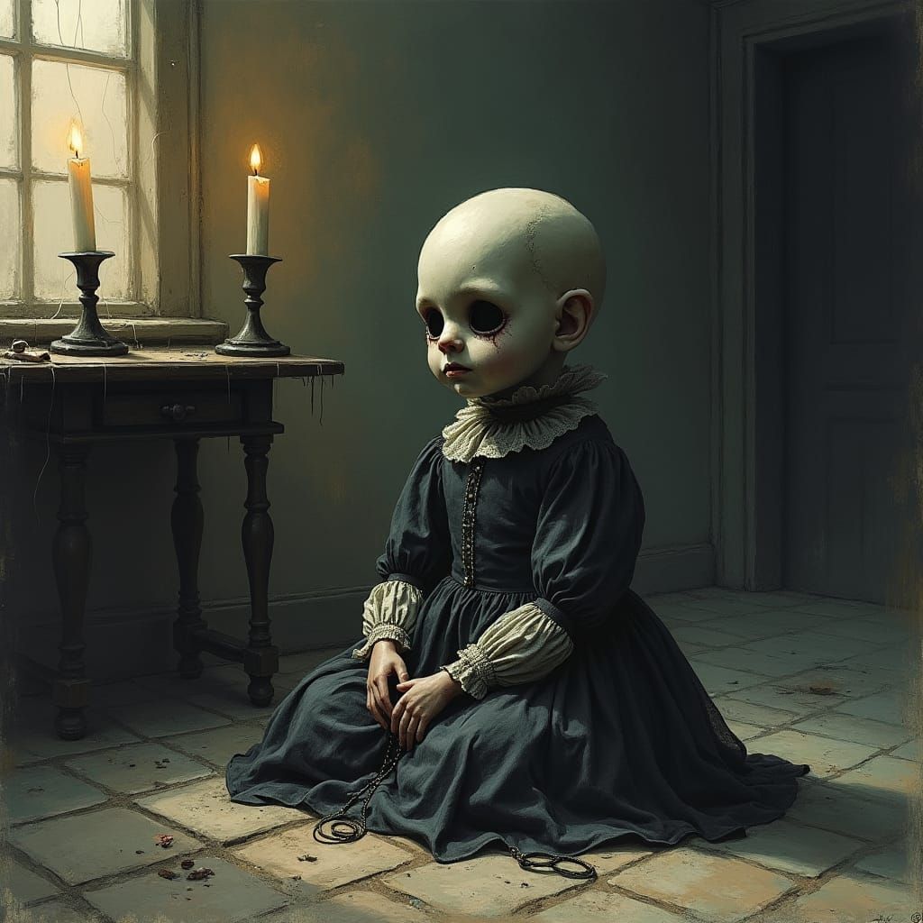 Macabre Doll in Candlelit Parlour: Dark Art