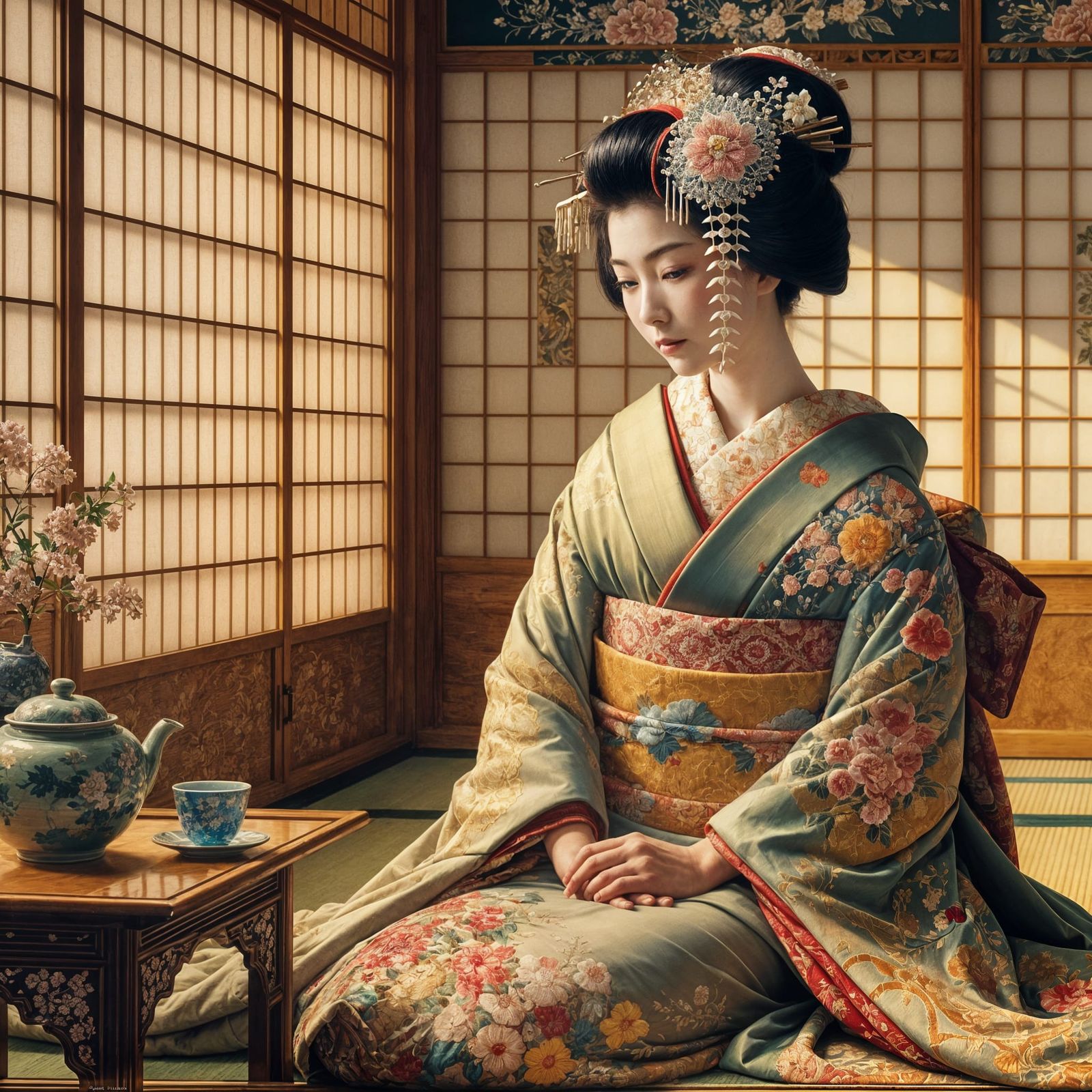 Elegant Geisha in Tea Room: Art Nouveau Painting