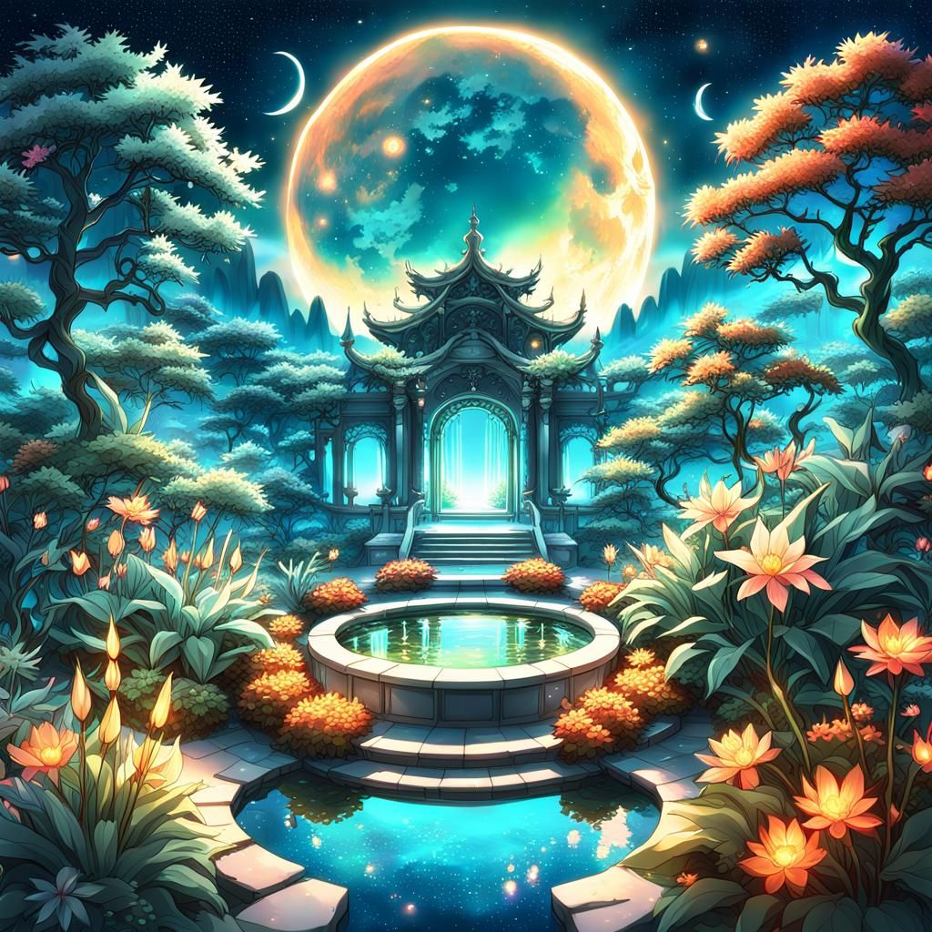 Celestial Garden Bathed in Mystical Moonlight