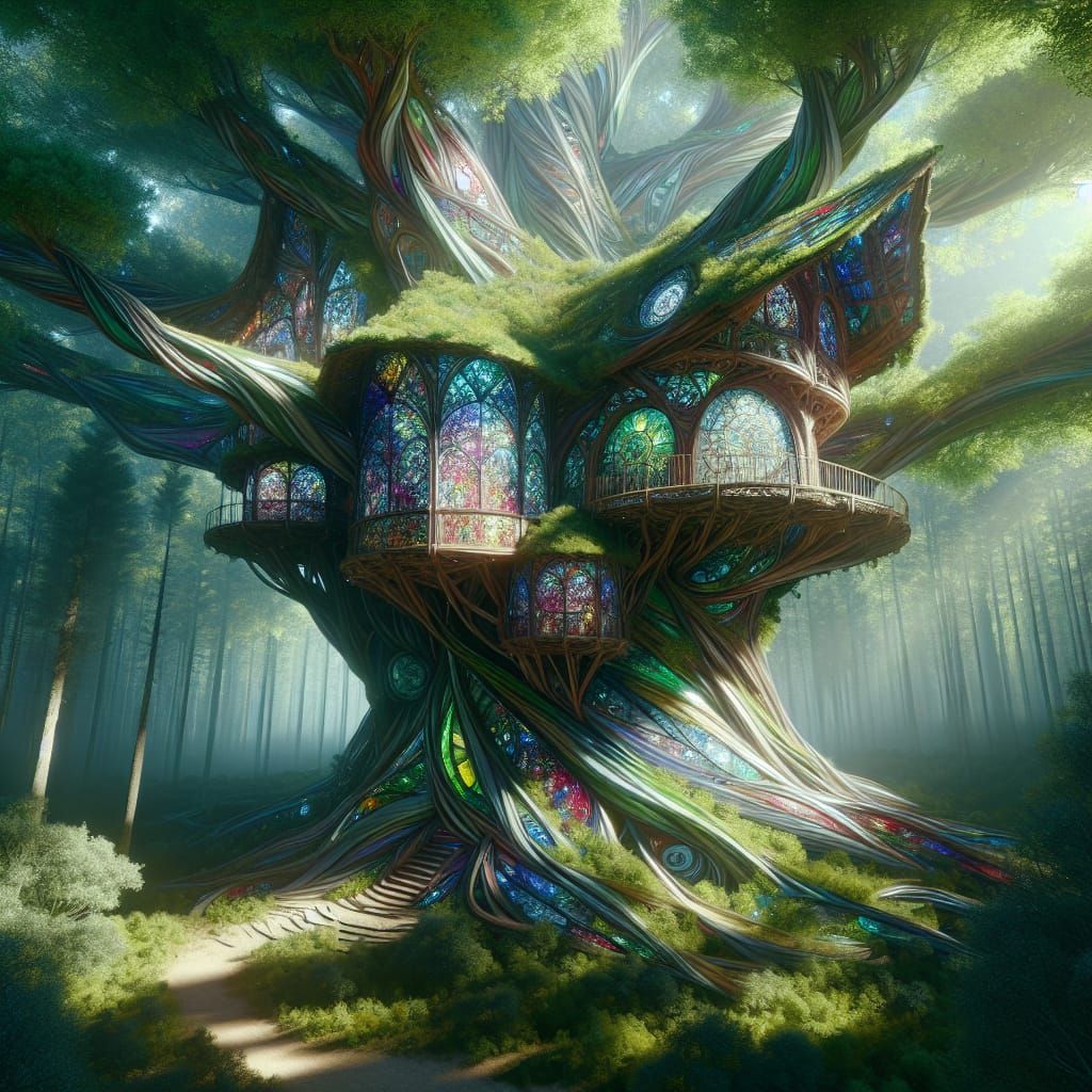 Stained Glass Treehouse: Tree of Life in Forest