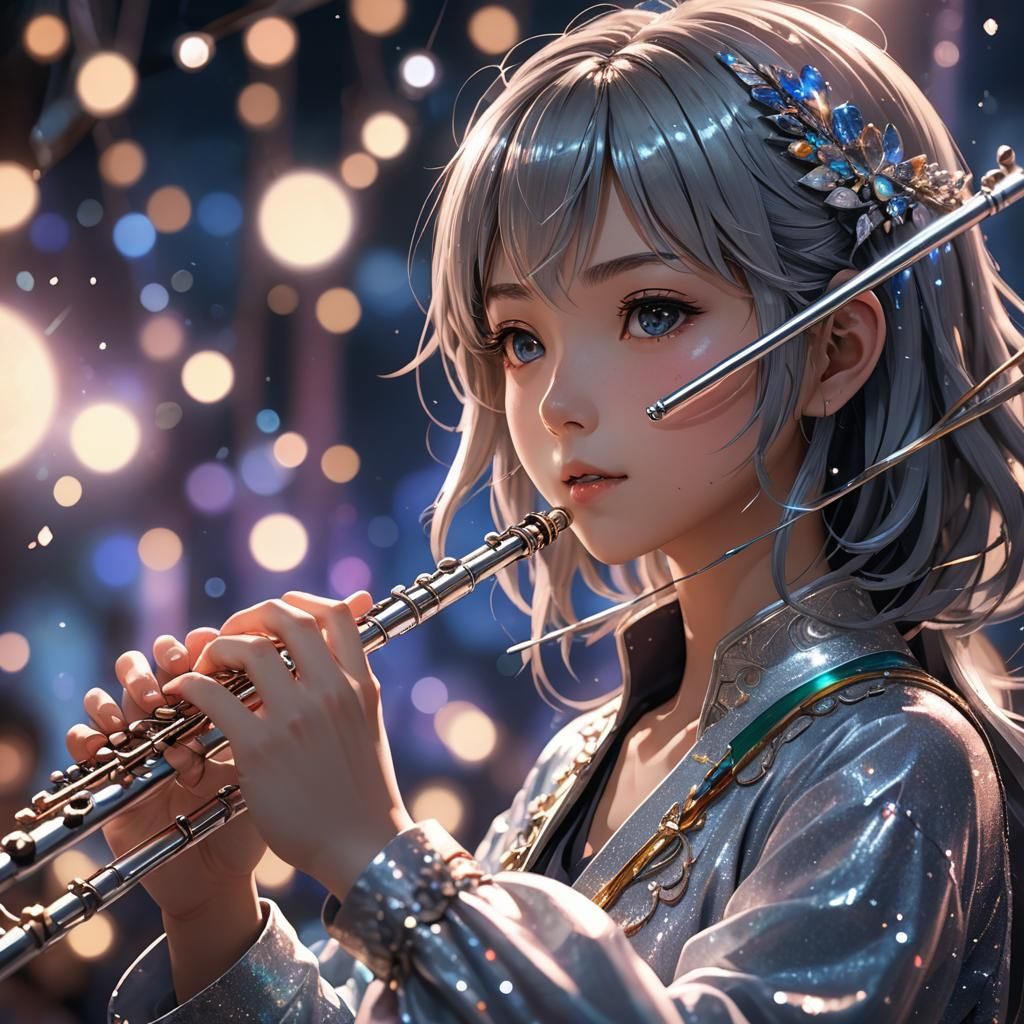 Anime Character with Silver Flute in 3D Art