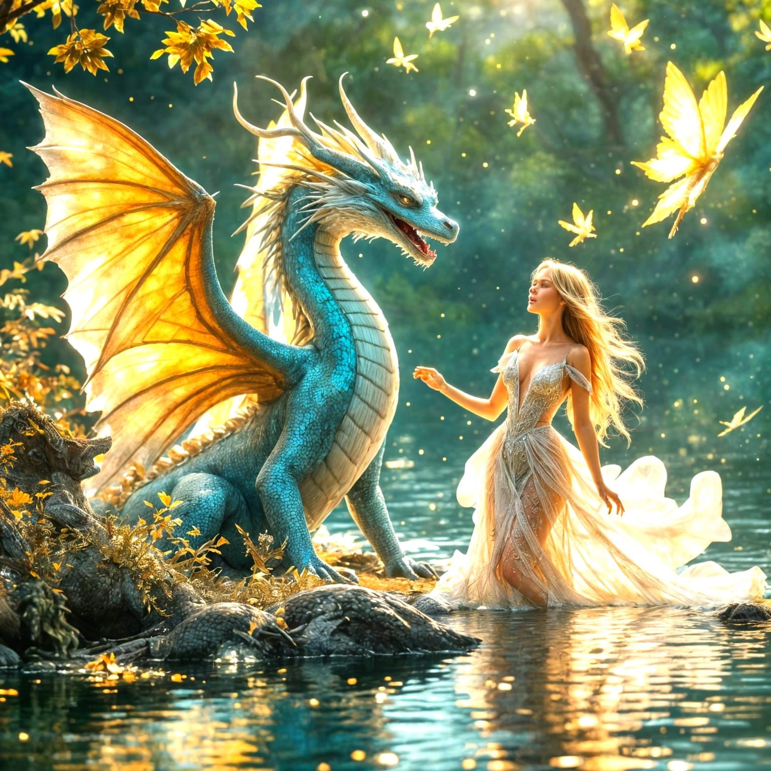 Friendly Silver Dragon with Princess and Sparkly Fairies in....