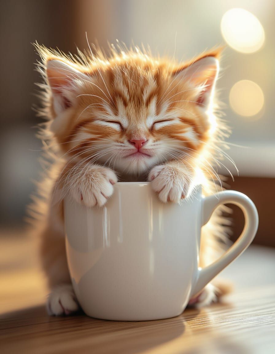 Tiny Kitten's Blissful Nap in Morning Light