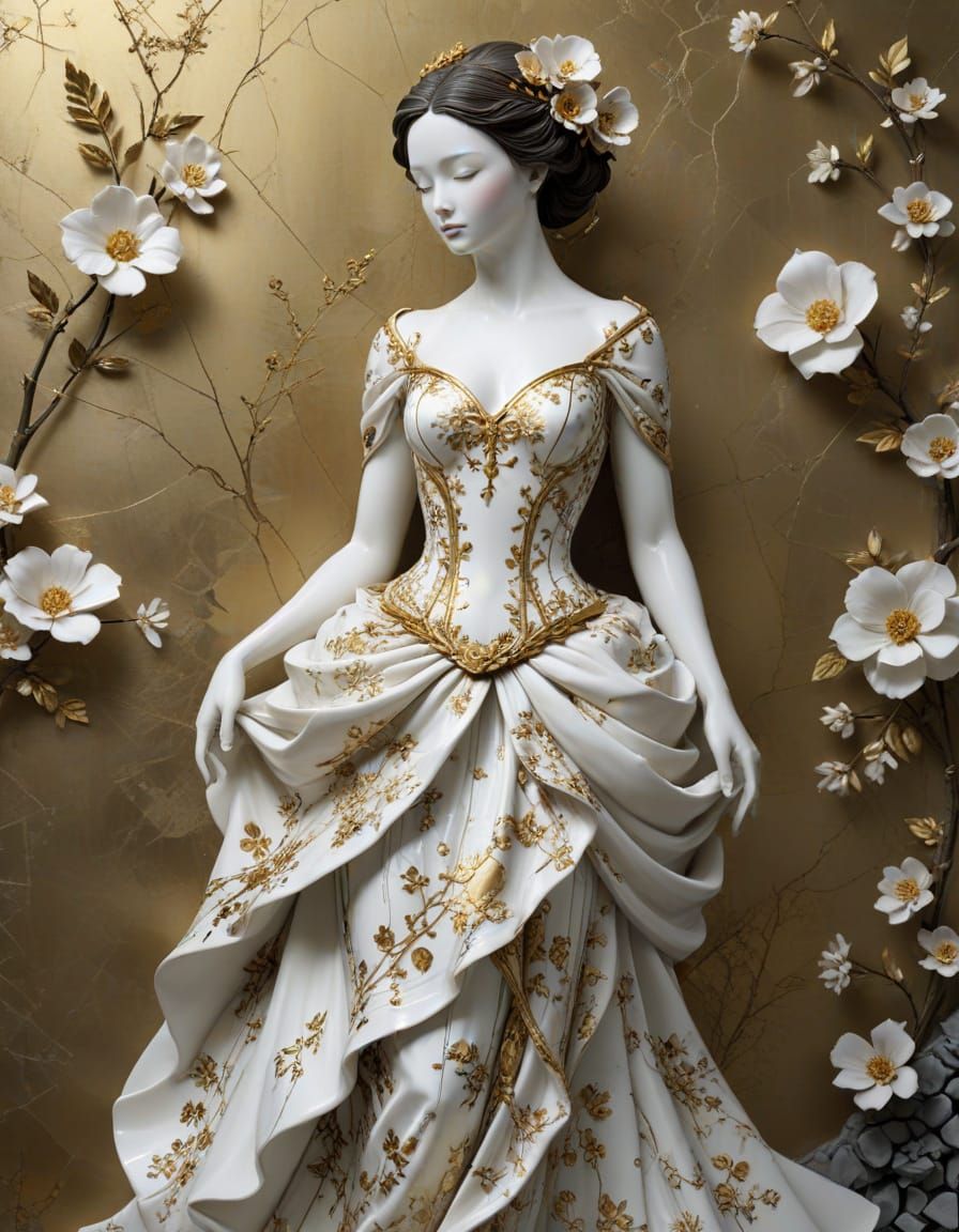 Hyper Realistic Porcelain Sculpture of Elegant Woman in Flow...
