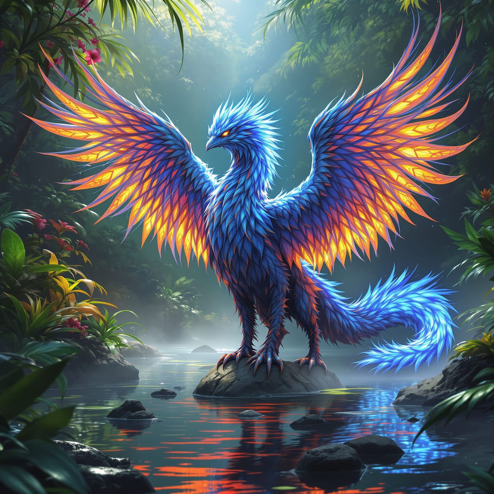 Blue Fire Griffin in Tropical Riverbed - 3D Render