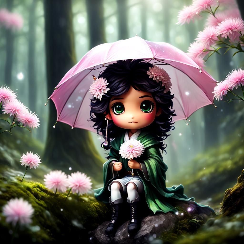 Beautiful Sprite with Umbrella Leaf in Misty Forest