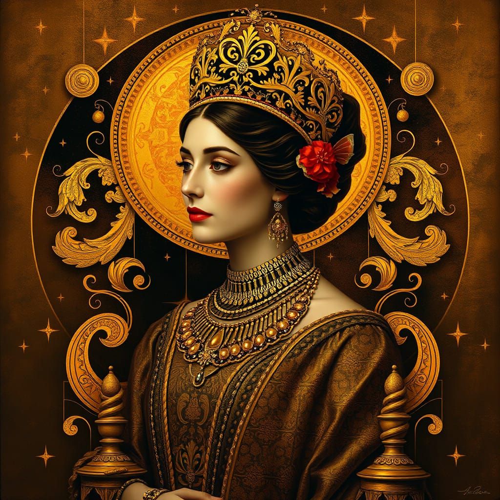 Luxurious Art Nouveau Woman in Trompe L'oeil Landscape