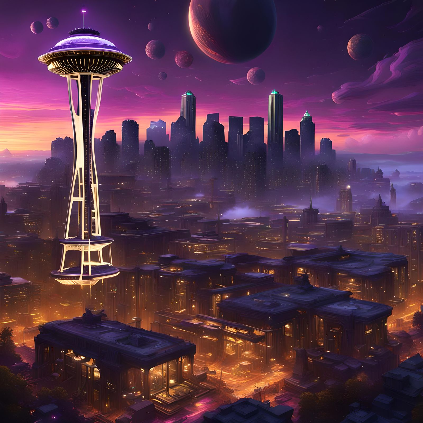 Futuristic Seattle with Alien Architecture in Dark Fantasy S...