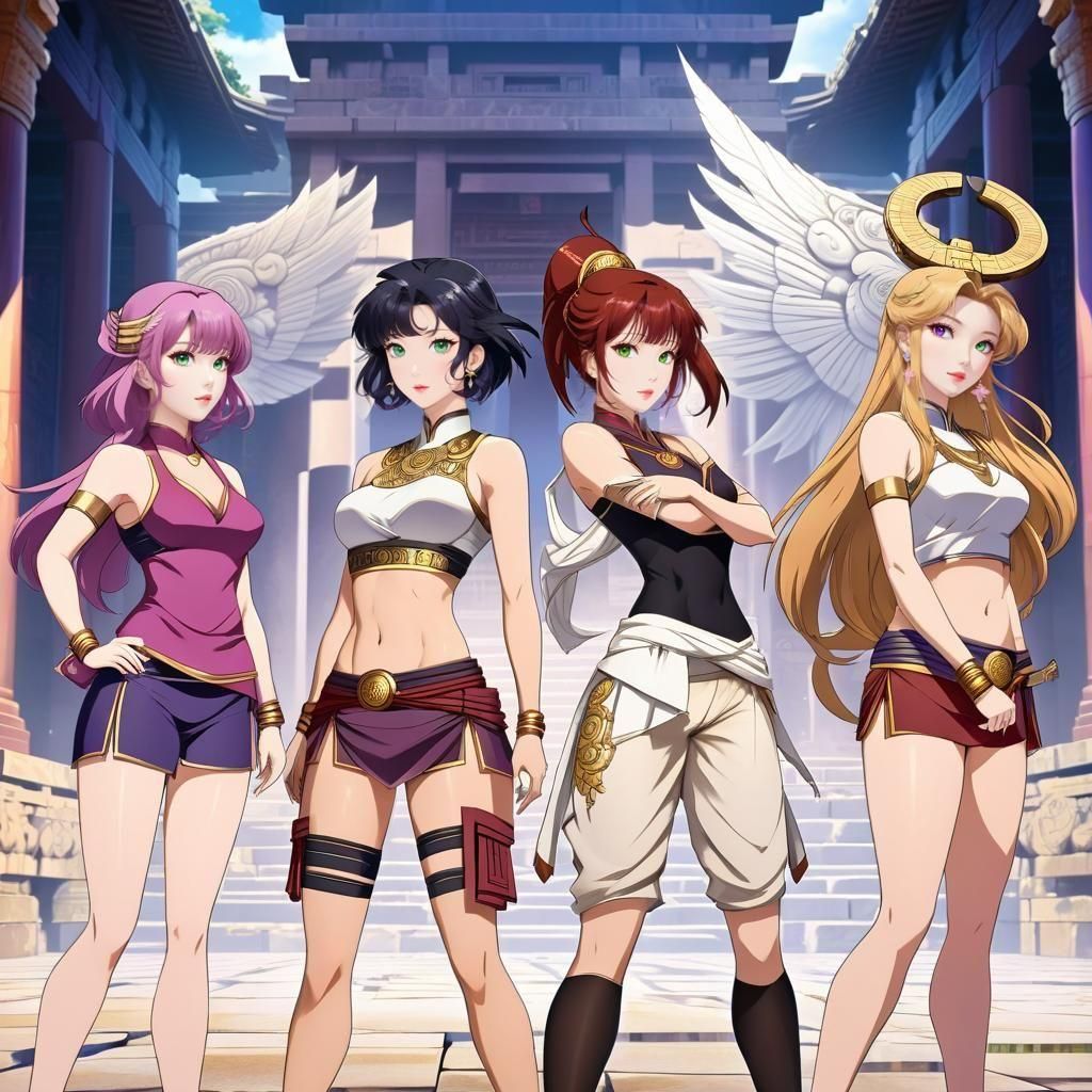 Four Women Explore Ancient Temple, Anime Style