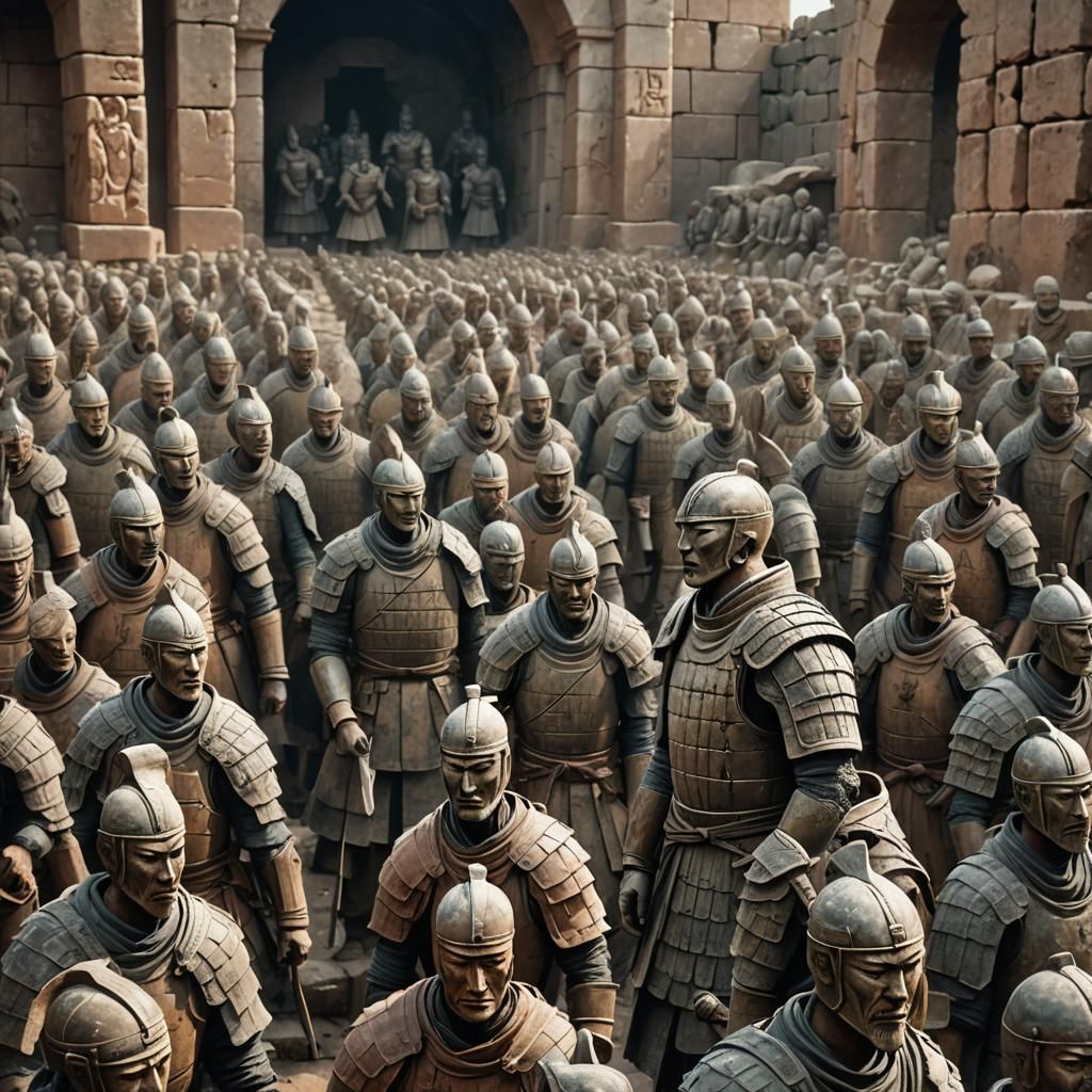 Terracotta Army in Ancient Sanctuary Ruins