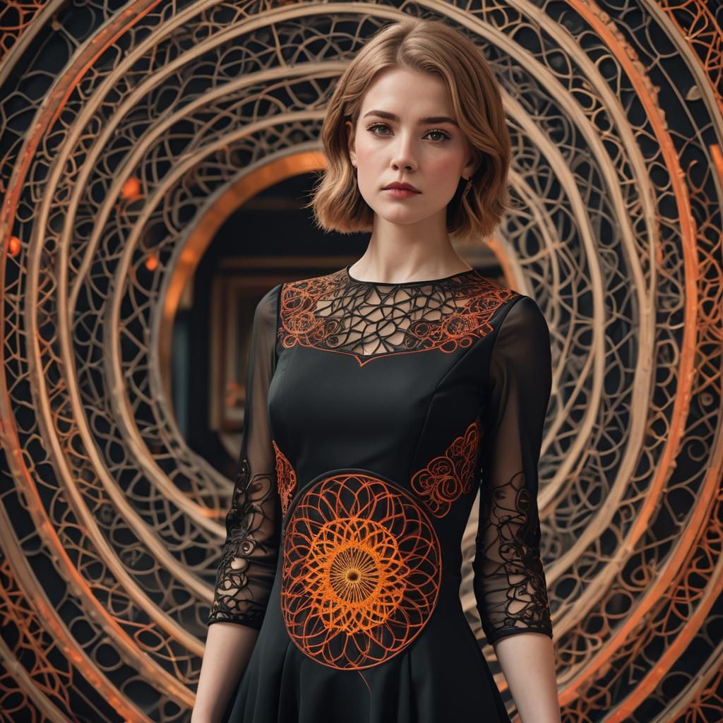 Woman in Embroidered Dress in Ballroom, Hyperrealistic