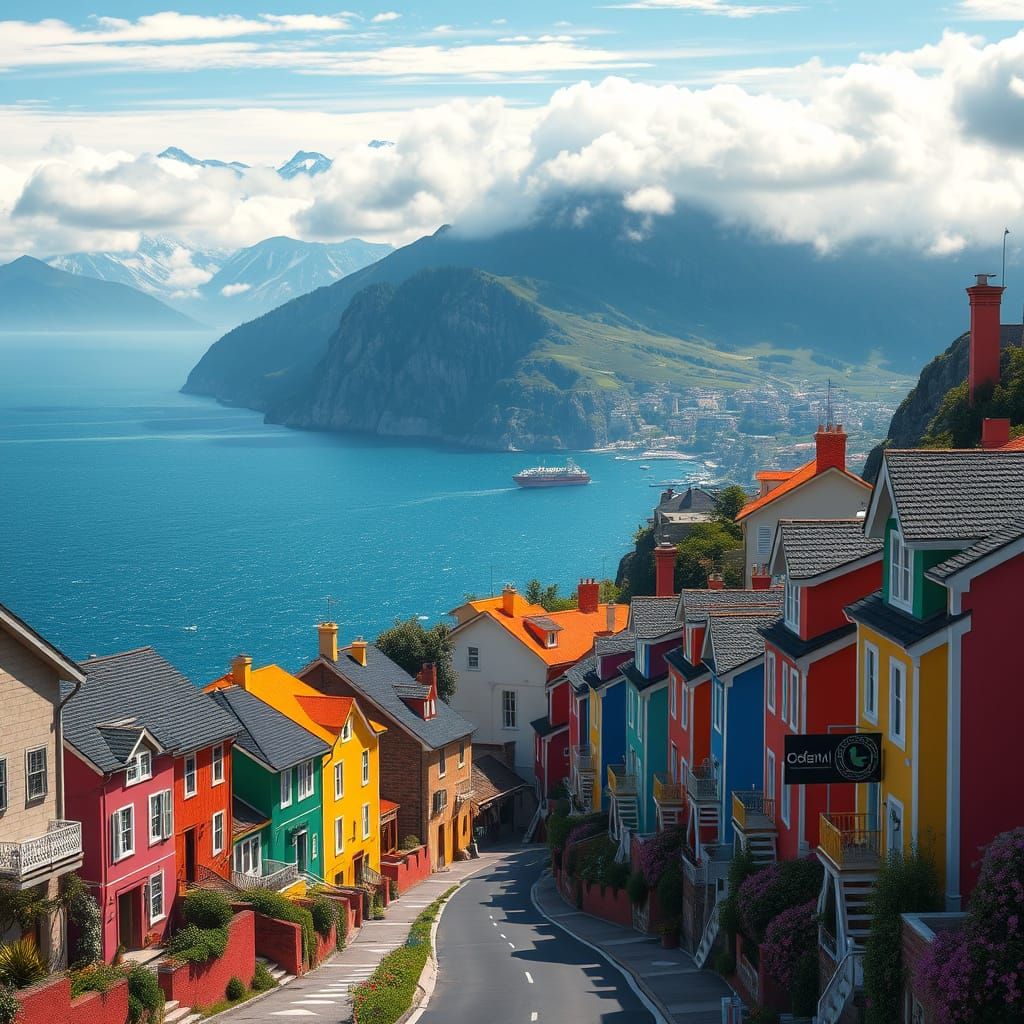 Vibrant Row of Houses Descends to Sparkling Sea in Whimsical...