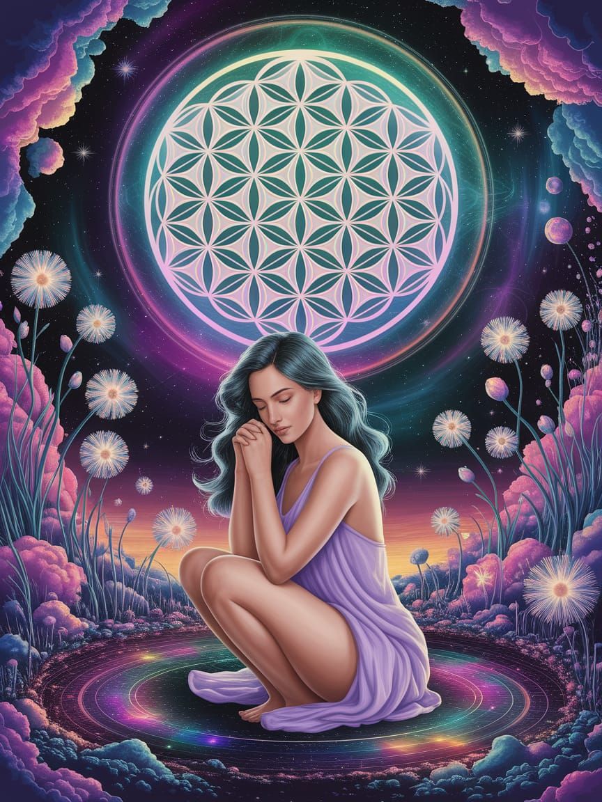 Woman Contemplating Flower of Life in Dreamy Cosmos