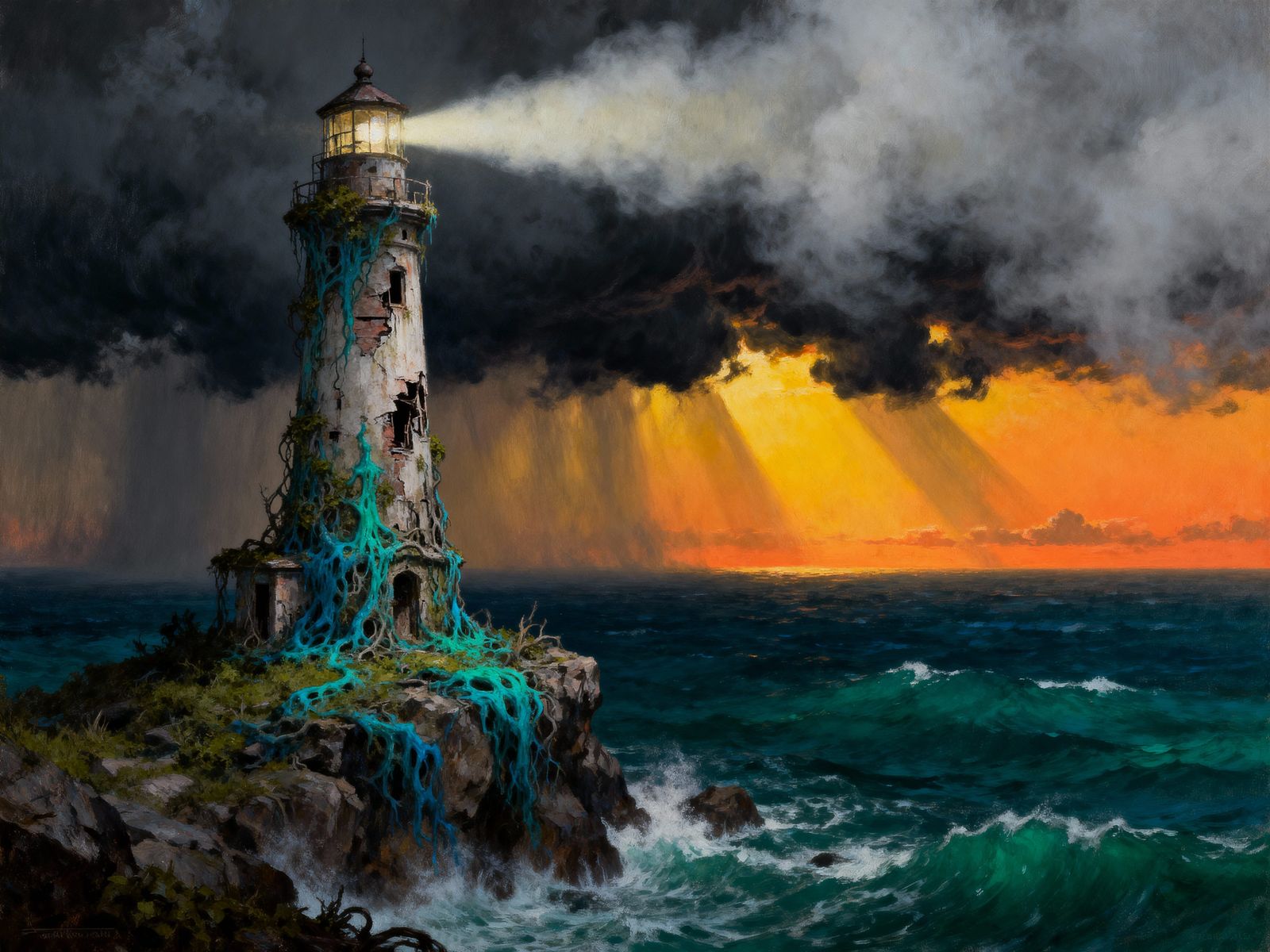 Atom-Punk Lighthouse in Foggy Storm, Oil Painting