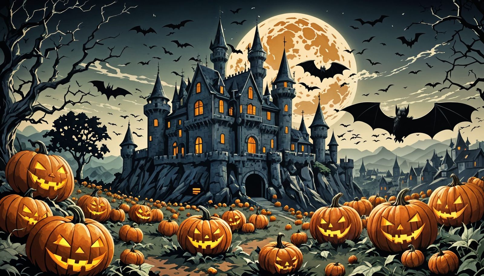 Halloween Scene: Pumpkins, Bats, and Castle in Anime Style