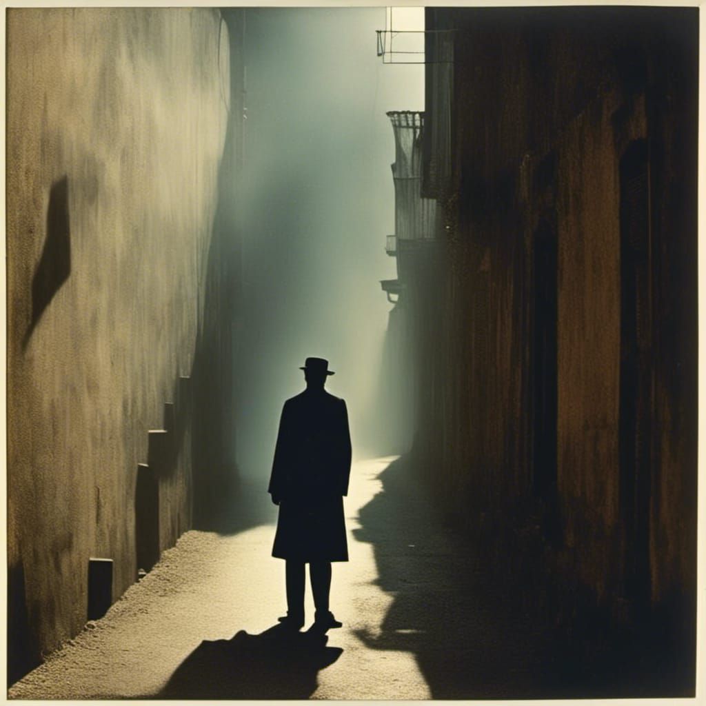 Moody Silhouette in Foggy Alleyway with Sunlight