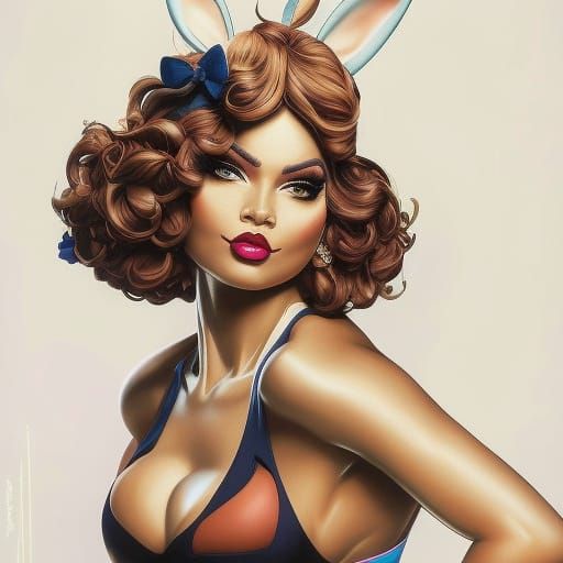 Anthropomorphic Rabbit Lady in City, Comic Book Art