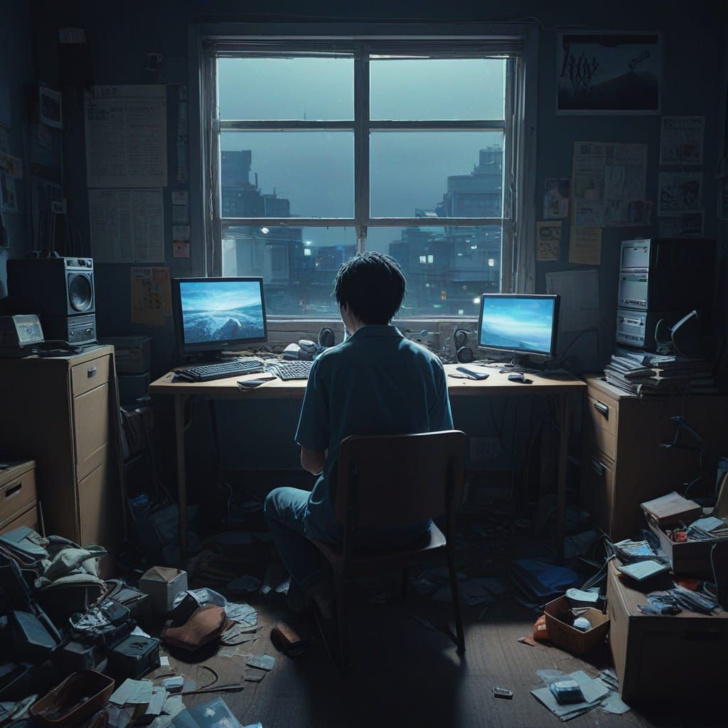 Young Man in a Cluttered Room, Lit Only by Blue Computer Glo...