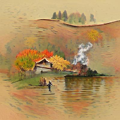 Autumnal Lake Scene with Canoe and Cabin