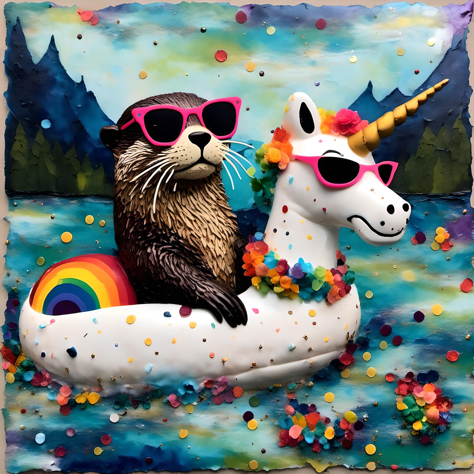 Otter on Unicorn Float: Whimsical Mixed Media Collage