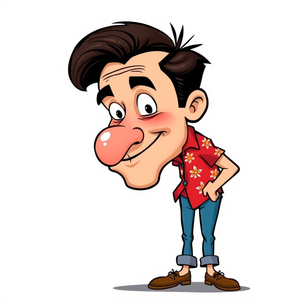 Vibrant Cartoon Character with 50's-Style Hair and Red Hawai...
