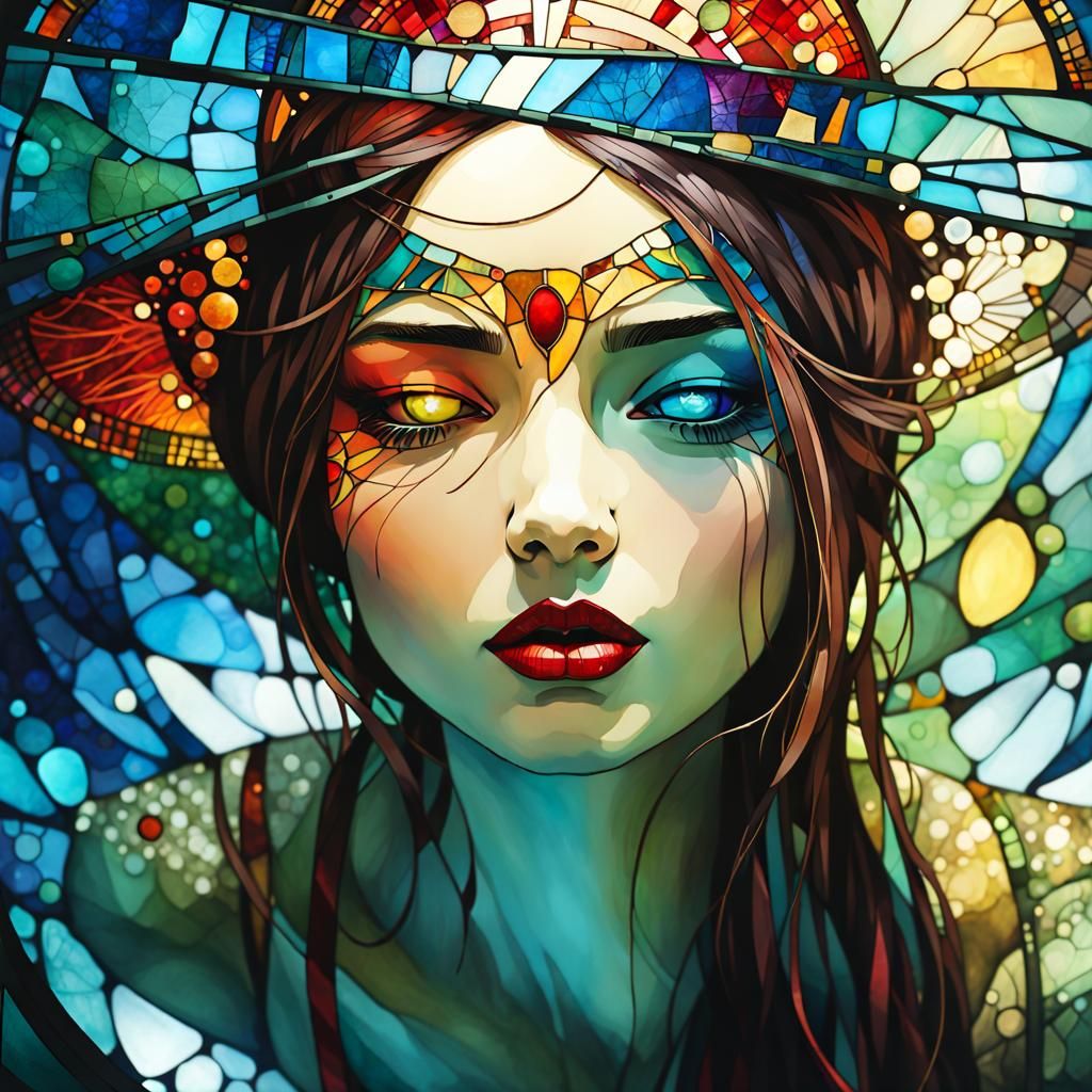 Surreal Stained Glass Masterpiece in Art Brut Style