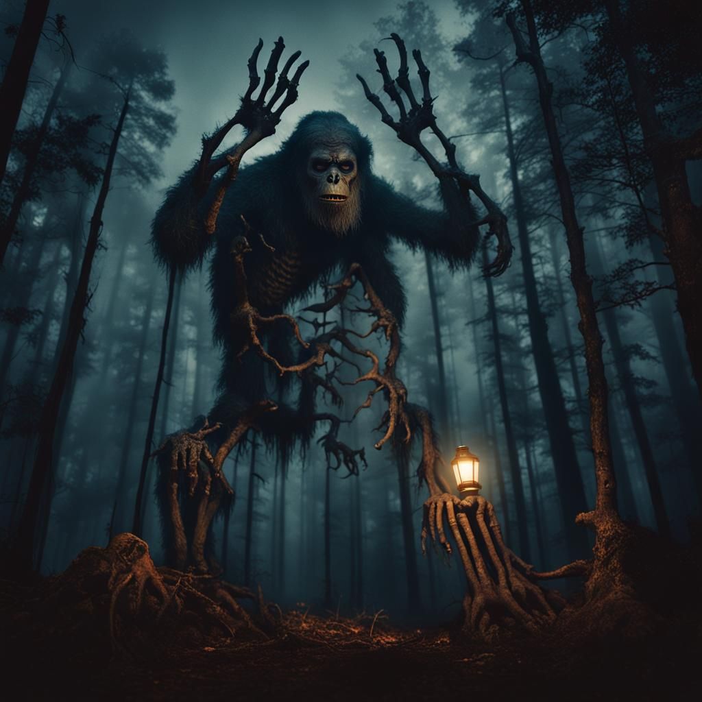 Skeletal Bigfoot in Misty Forest at Night
