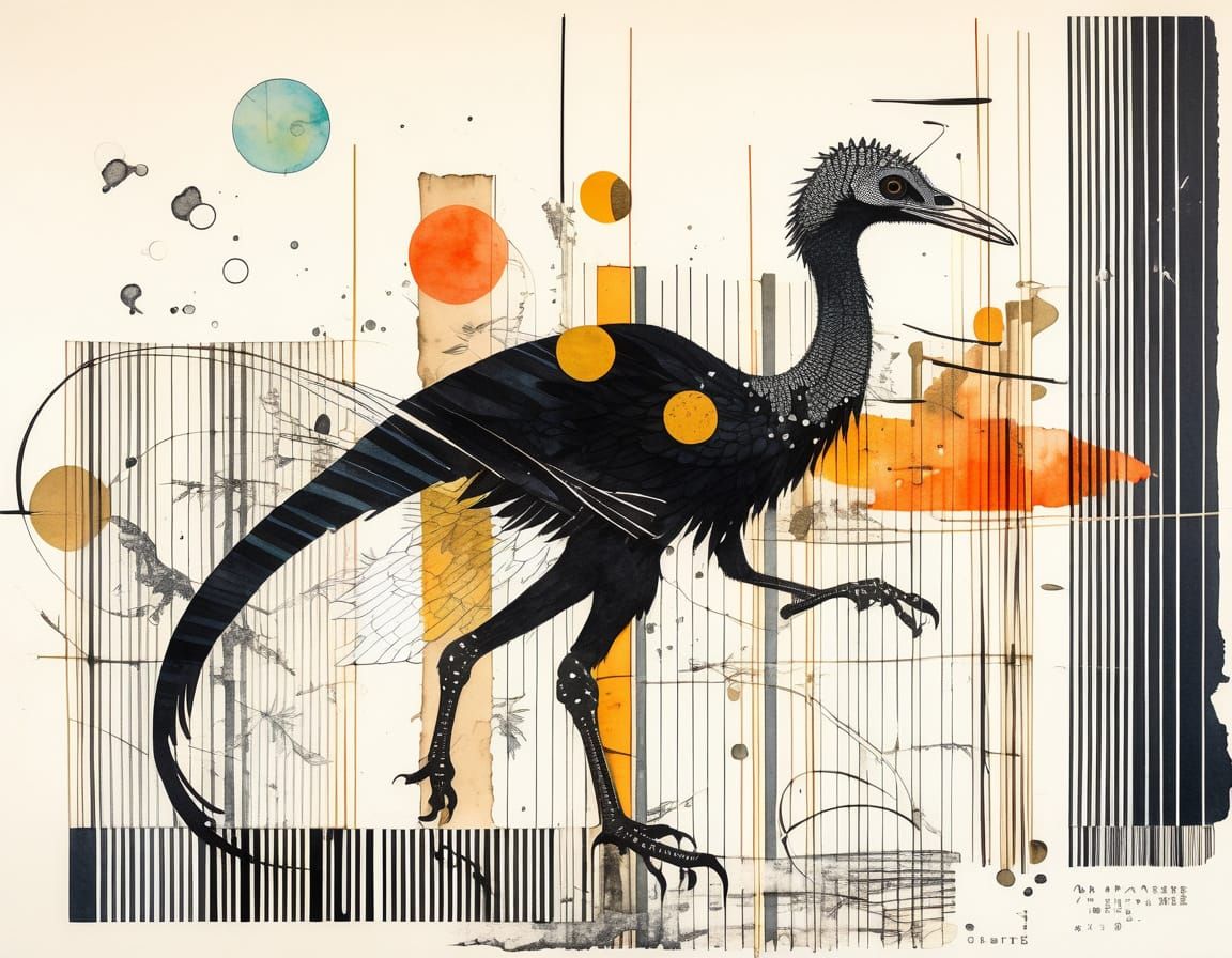 Archaeopteryx Ukiyo-e Collage with Barcode Elements