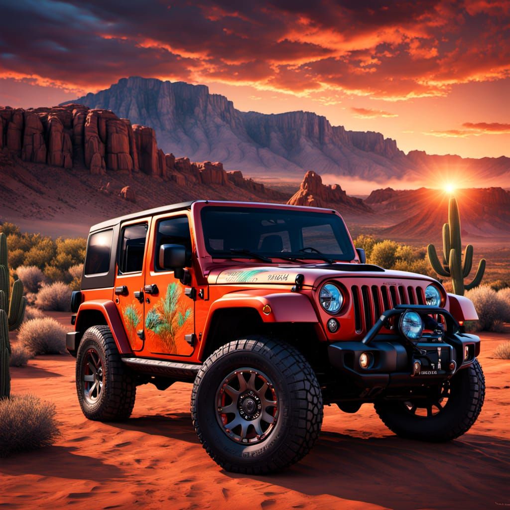 Woman Poses With Jeep in Arizona Desert Sunset