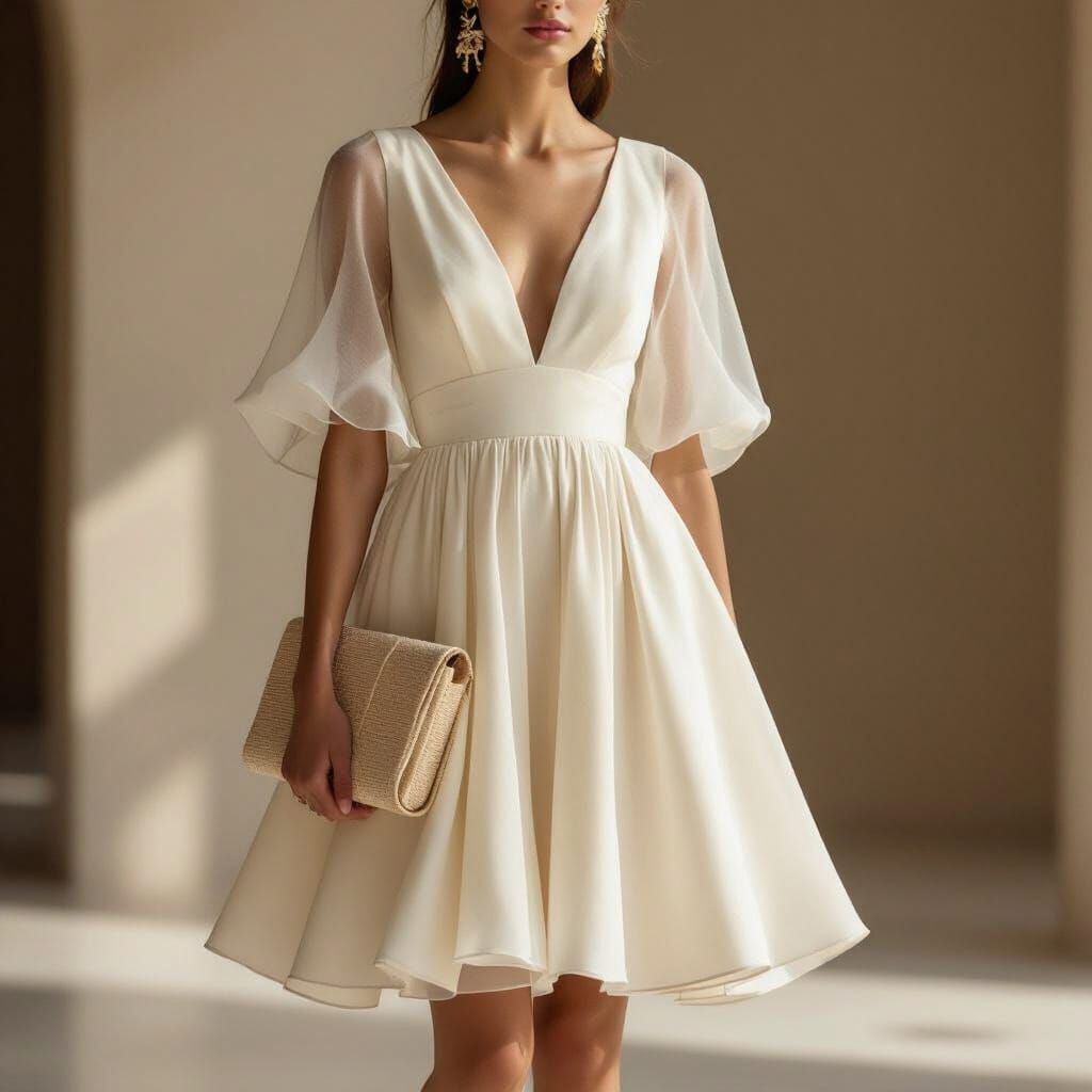 Elegant Woman in Ivory Cocktail Dress with Sustainable Acces...