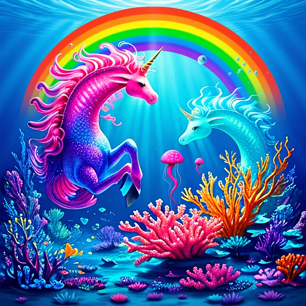 Rainbow Unicorns and Fairies in Underwater Jellyfish World