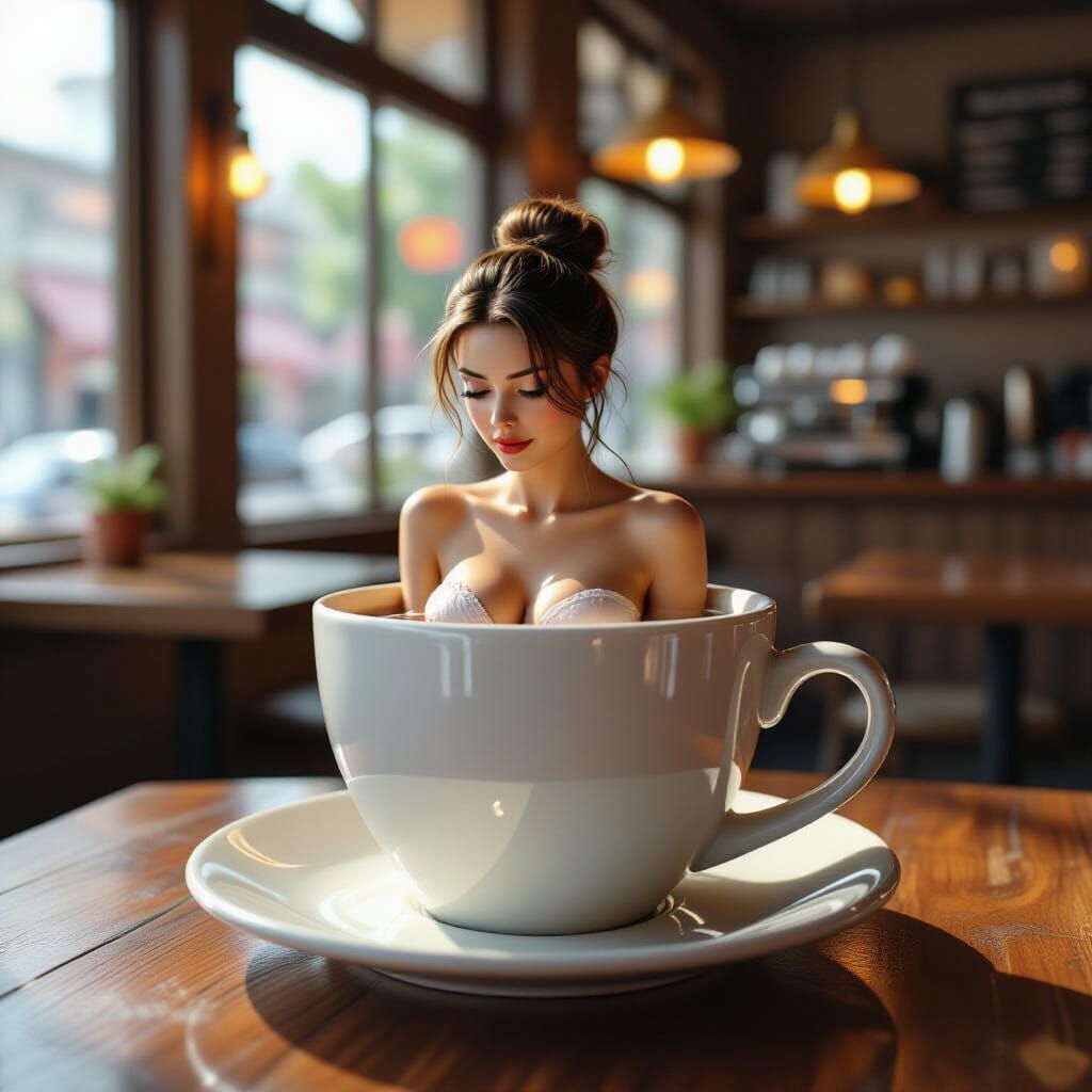 Tiny Woman Bathes in Giant Coffee Cup Hyperrealistic Splash ...