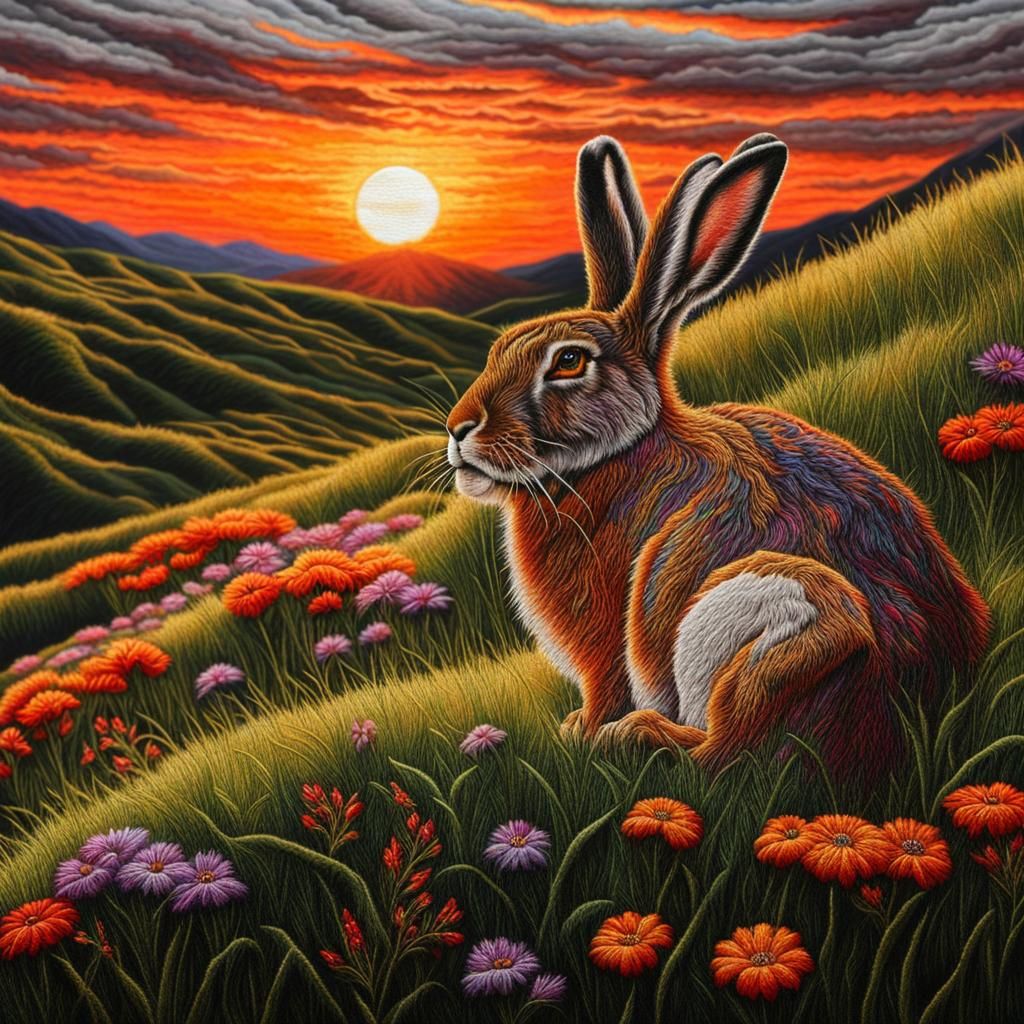 Embroidered Tapestry: Hare on Hillside at Sunset