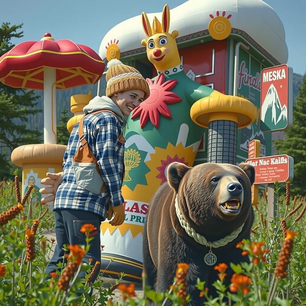 Giant Figure & Hiker Confront Grizzly Bear in Faded Style