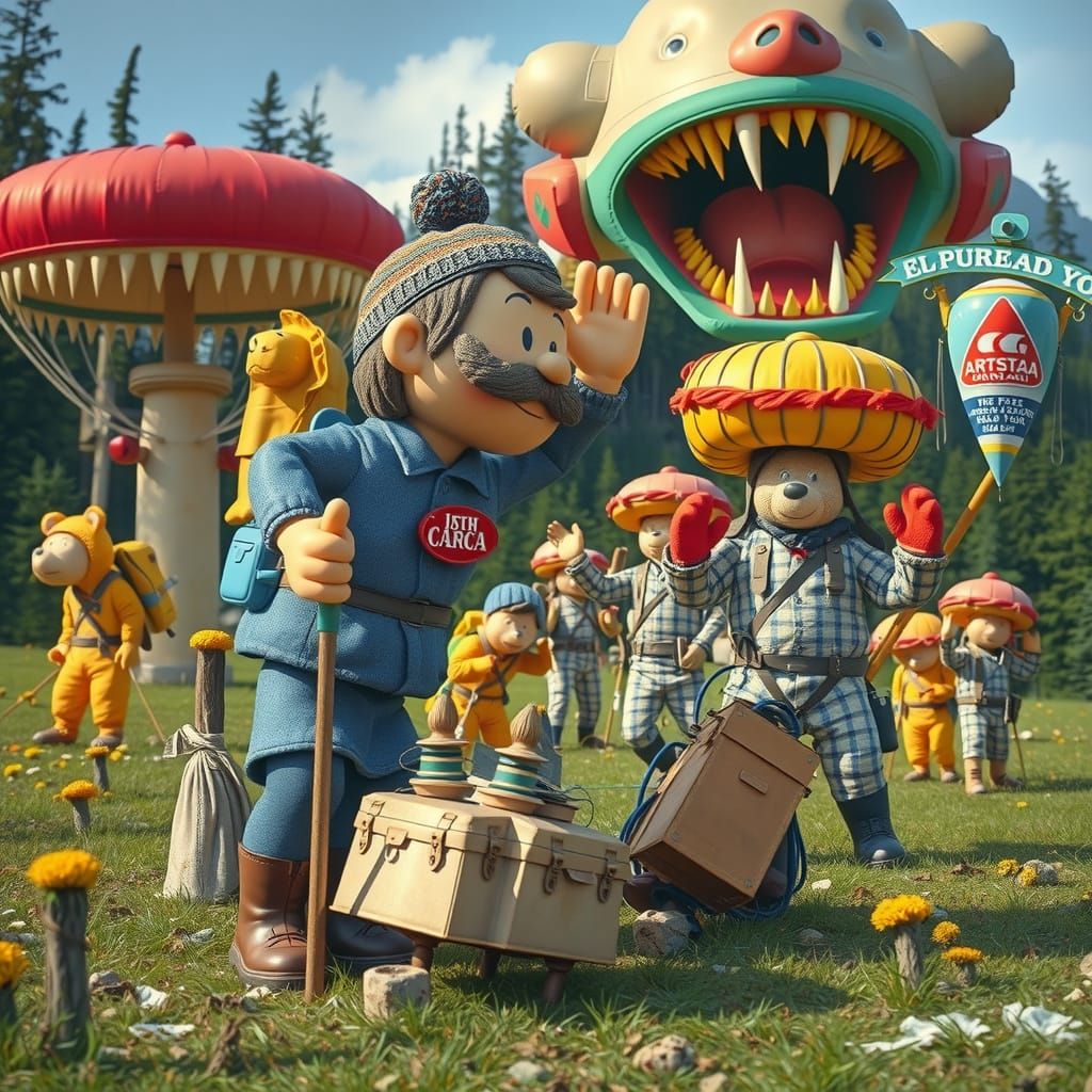 Giant Vinyl Figure Meets Hiker & Grizzly Bear in Faded 1950s...