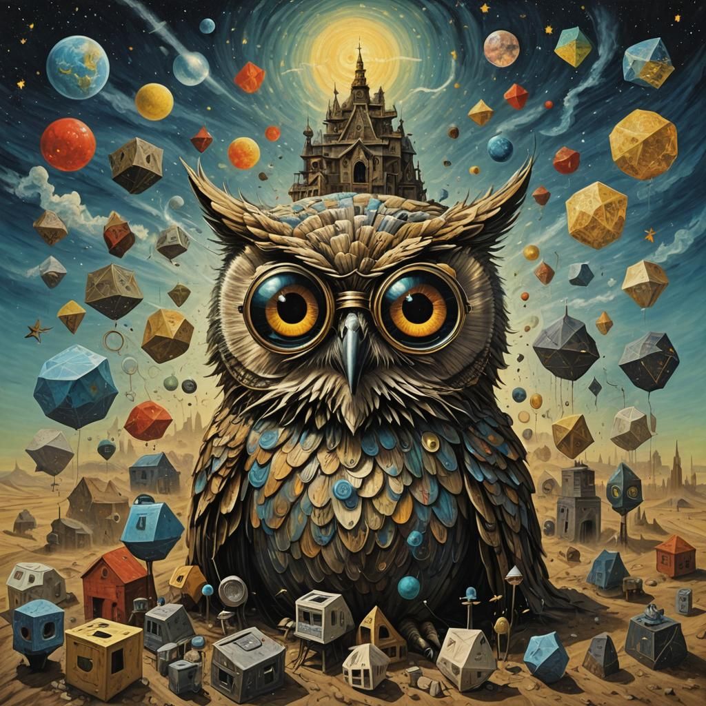 Surreal Owl Meditating Under Futuristic Stars