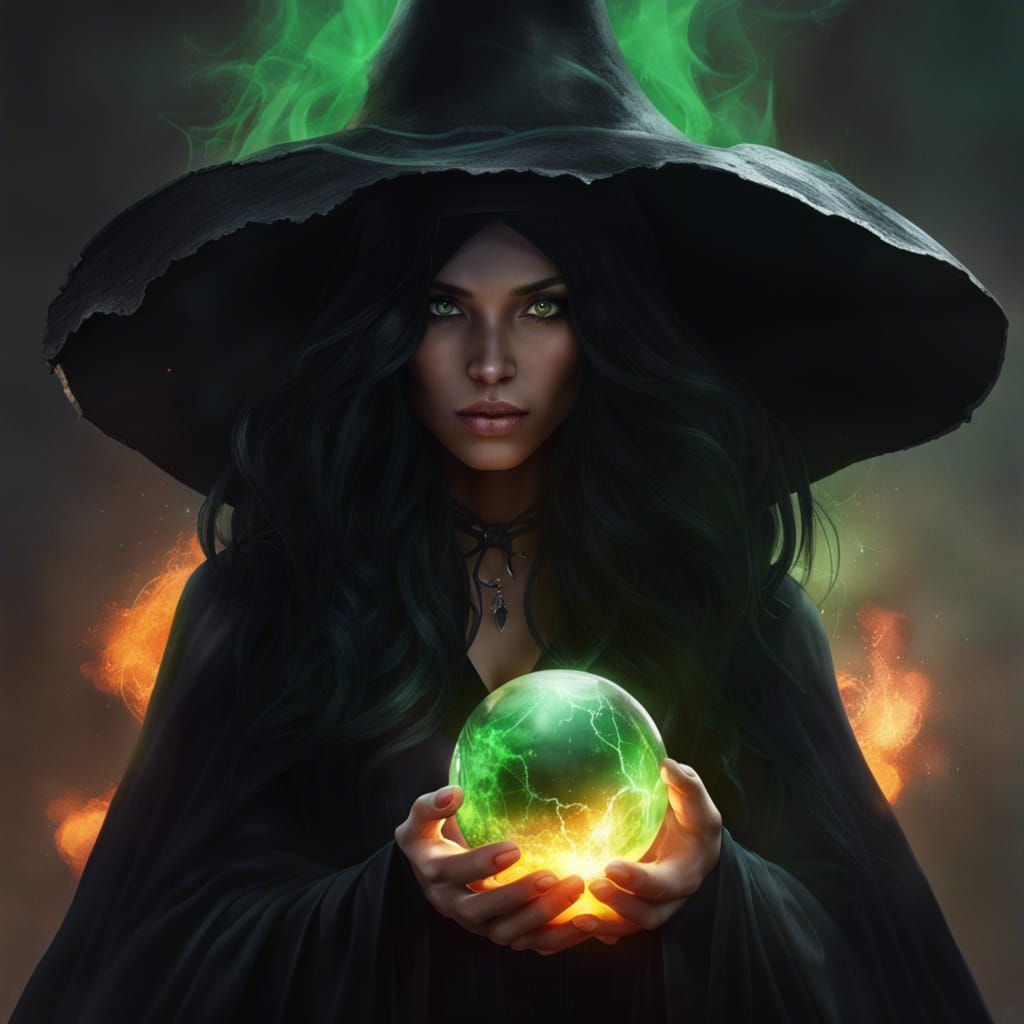 Gorgeous Witch Holding Crystal Ball with Fire Scene