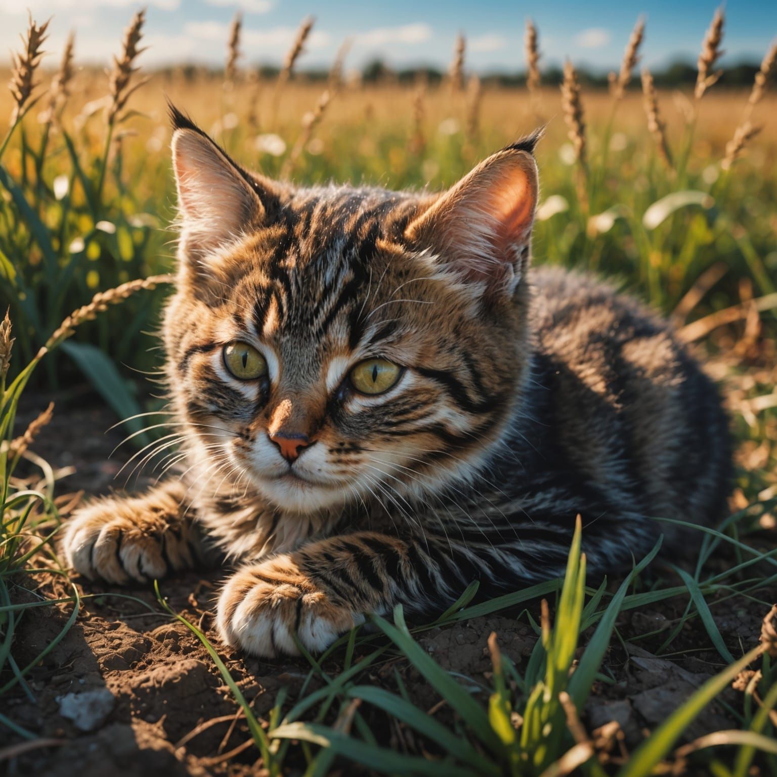 Sleeping Kitten in Field: Hyperrealistic Splash Art