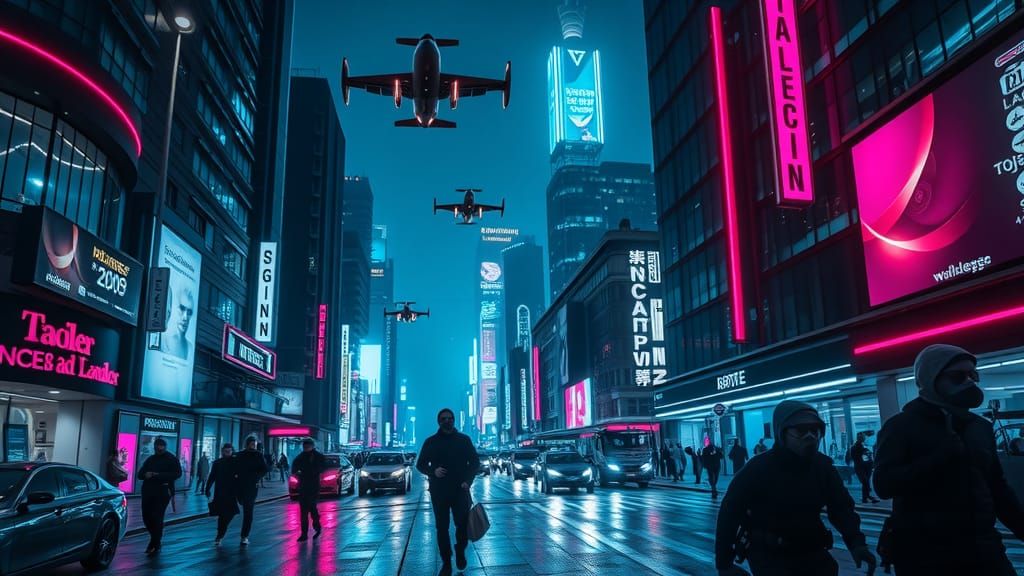 Elegant Futuristic Cityscape at Night in Cyberpunk Style