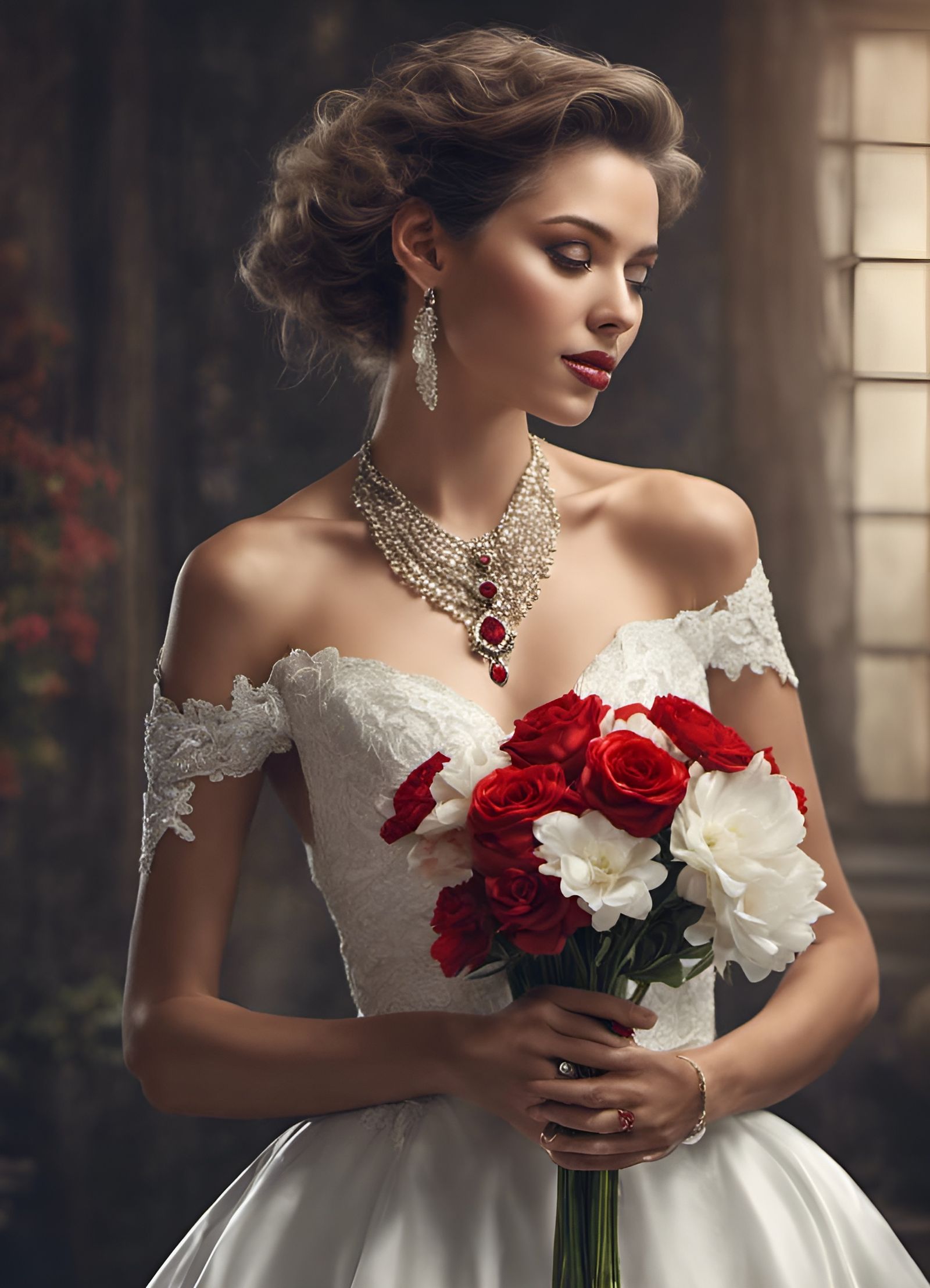 Charming Bride in White Gold Frock with Bouquet